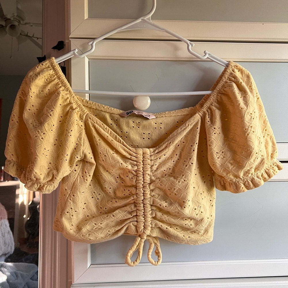 SO Light Yellow Eyelet Puff Sleeve Blouse